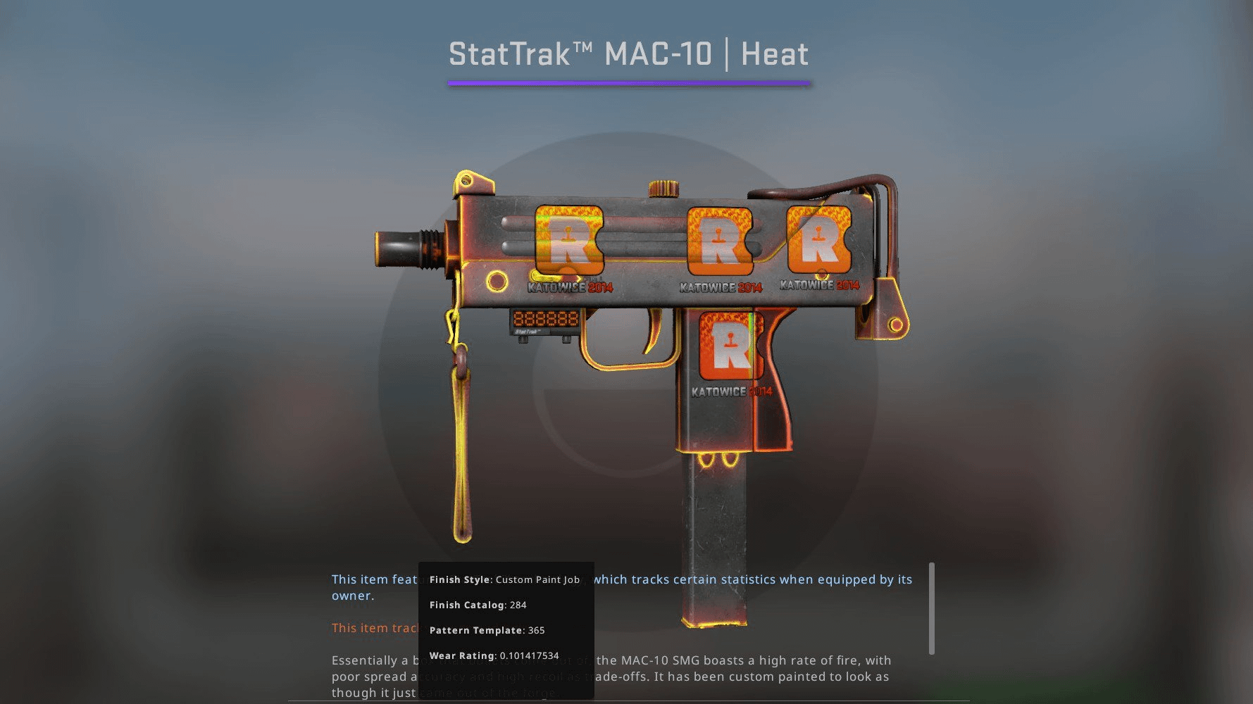 StatTrak MAC-10 Heat with four Reason Gaming Katowice 2014 stickers on the inspect screen